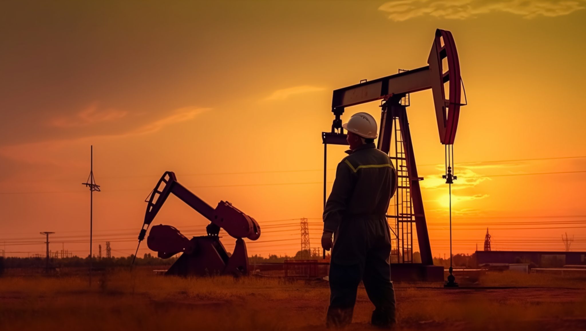 Notre vision worker and oil rig in sunset, created with generative ai technol